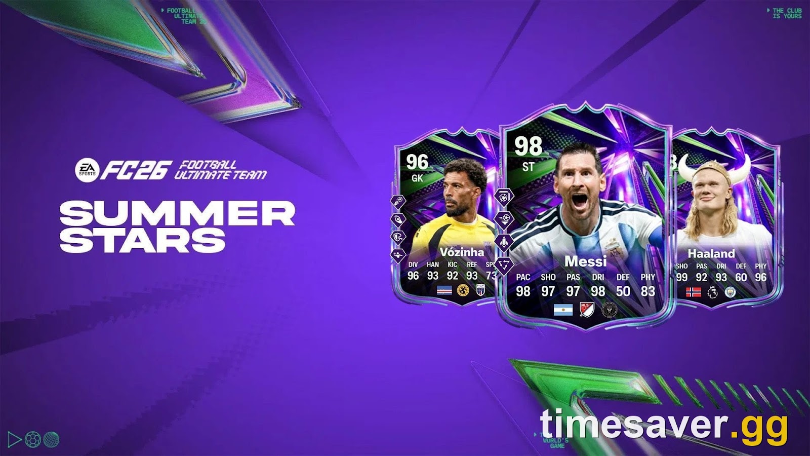 EA FC 26 Summer Stars promo featuring Messi, Vózinha and Haaland — the event window that added the Zidane Greats of the Game SBC