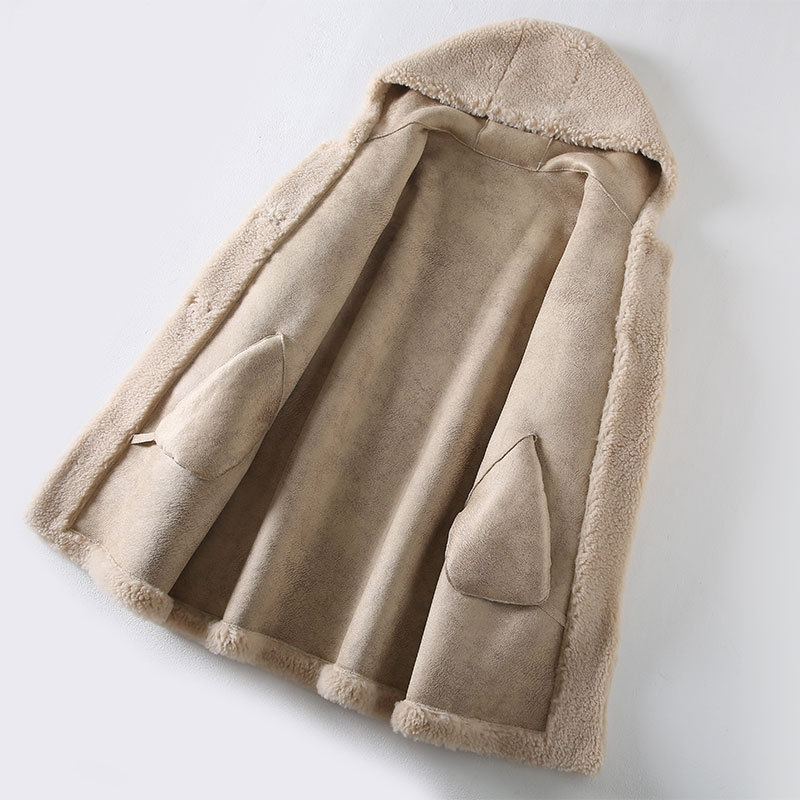 Damen-Lammfellmantel mit Kapuze, mittellang