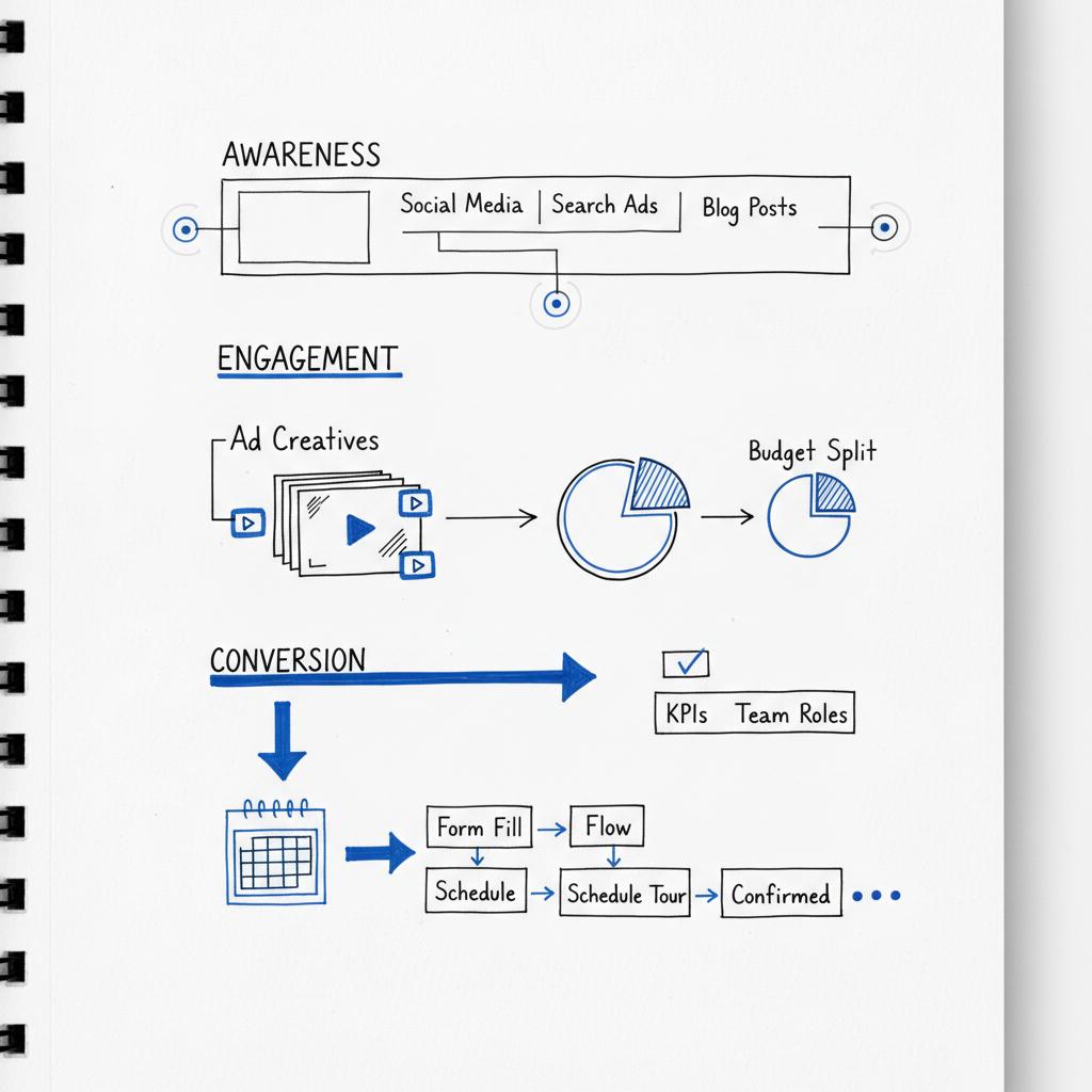 Close-up notebook-style sketch of a multi-step real-estate ad funnel showing awareness boxes, mid-funnel video engagement icons, and calendar booking conversion blocks &mdash; facebook ads cost for real estate