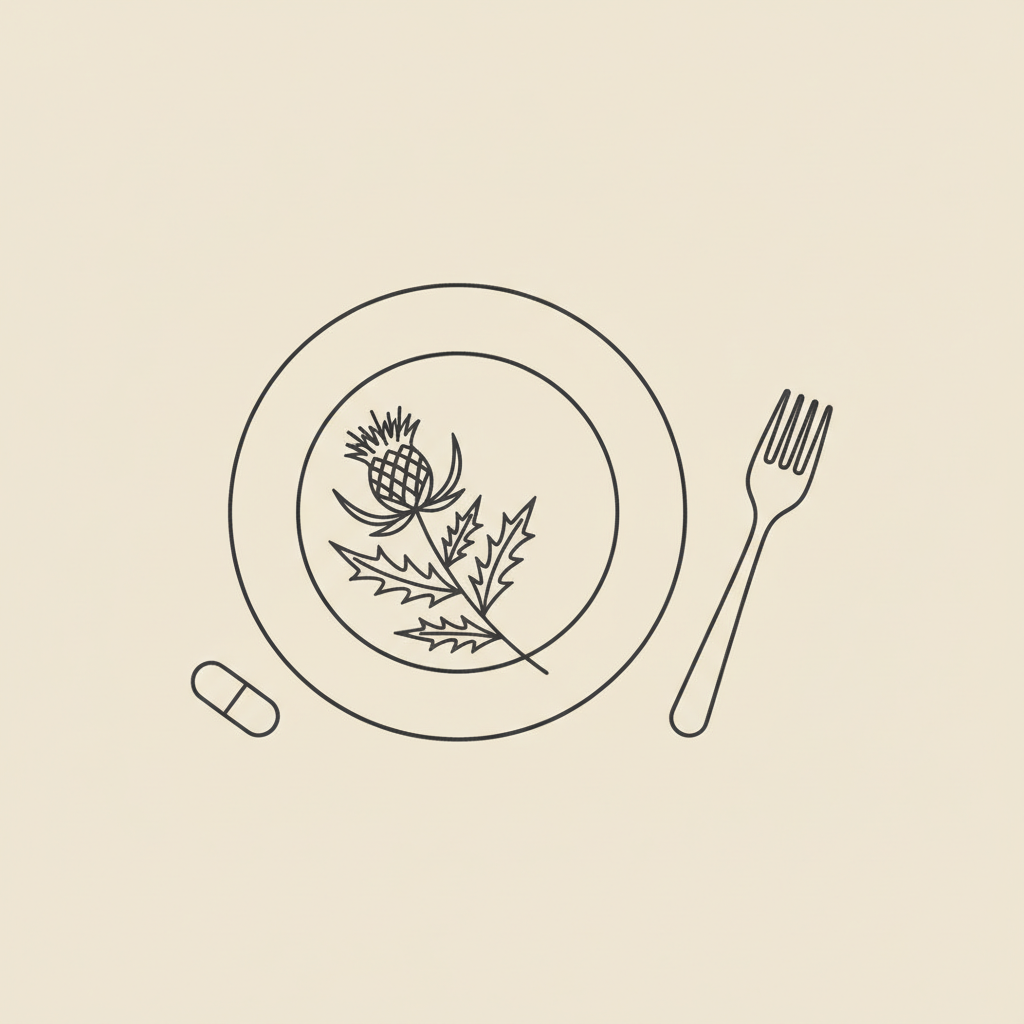 Minimalist Tonum-style line illustration of a plate, fork, capsule and milk thistle on beige background, conceptual visual for a functional nutrition coach
