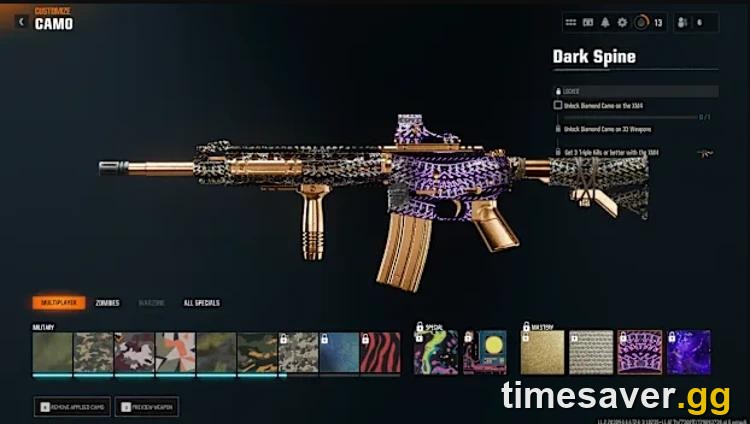 The Black Ops 6 in-game camo challenge menu showing Dark Spine's requirements — Diamond on 33 weapons, then 3 triple kills — the gate before Dark Matter