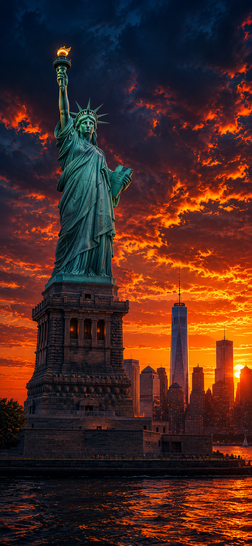 Statue of Liberty and Manhattan Skyline Sunset Wallpaper - Free 4K mobile Wallpaper