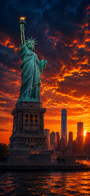 Statue of Liberty and Manhattan Skyline Sunset Wallpaper