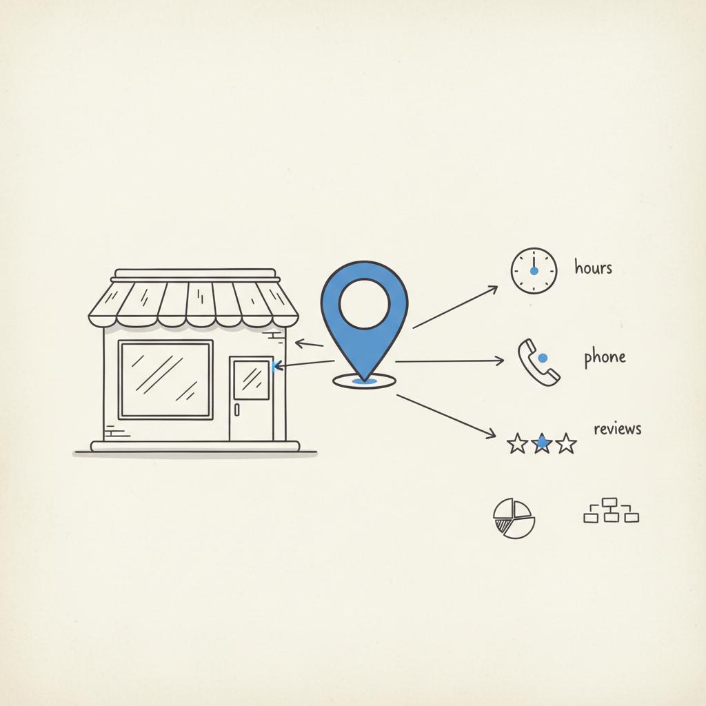 Notebook-style sketch of a storefront and map pin with lines to icons for hours, phone, and reviews &mdash; diagram for GBP clients