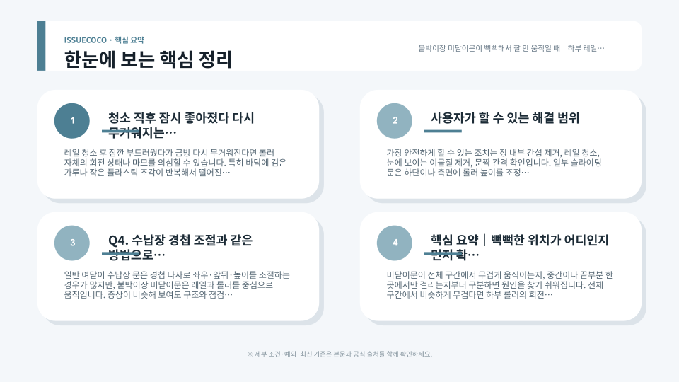 붙박이장 슬라이딩 문 하부 레일 이물과 문짝 수평을 확인하는 점검 과정