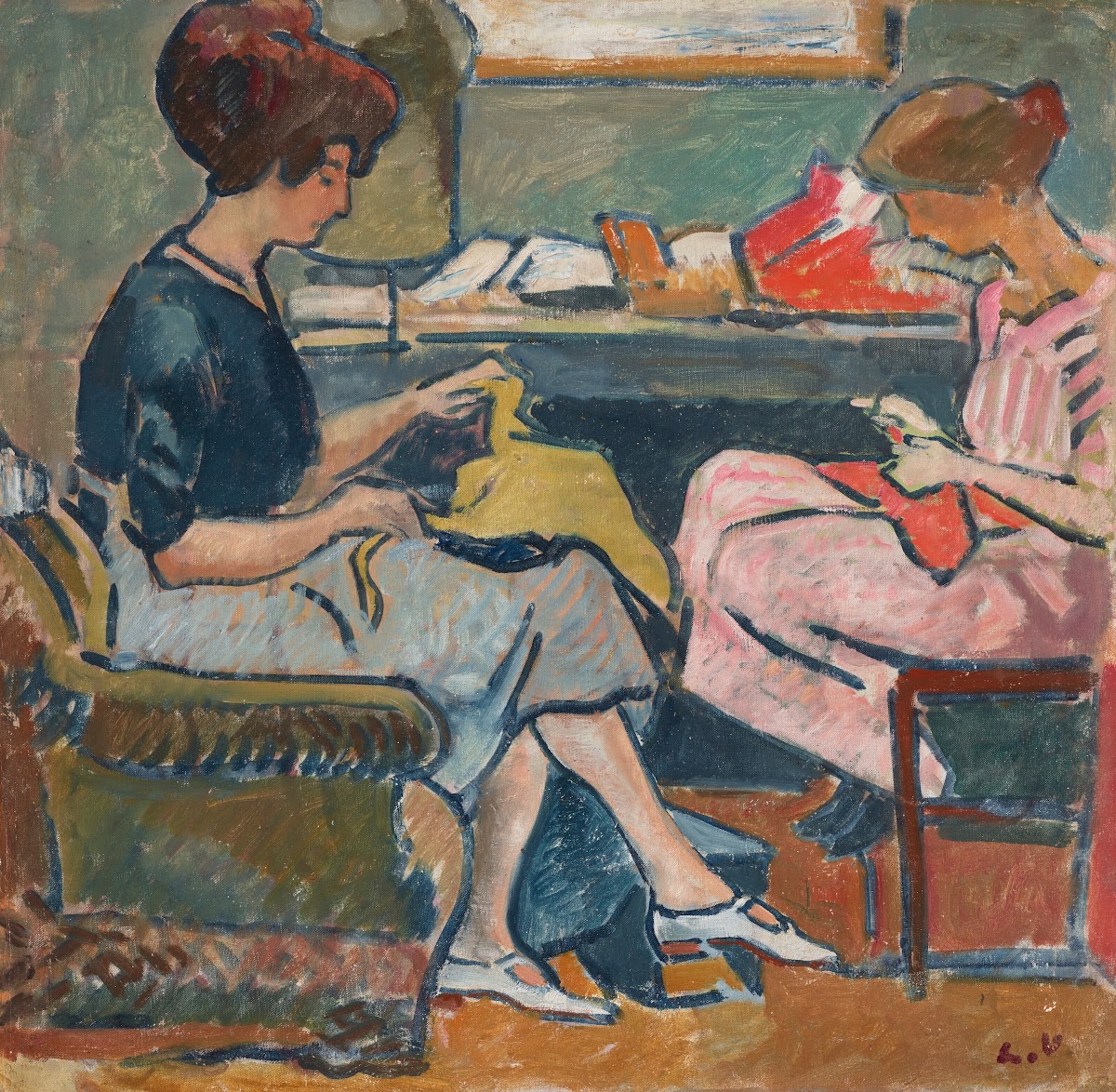 Deux jeunes femmes cousant 1916