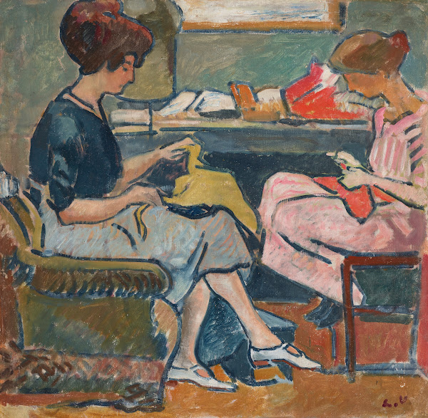 Deux jeunes femmes cousant 1916