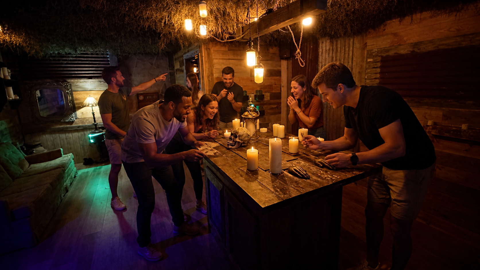 Friends solving the candlelit skull room together at Lake Escape