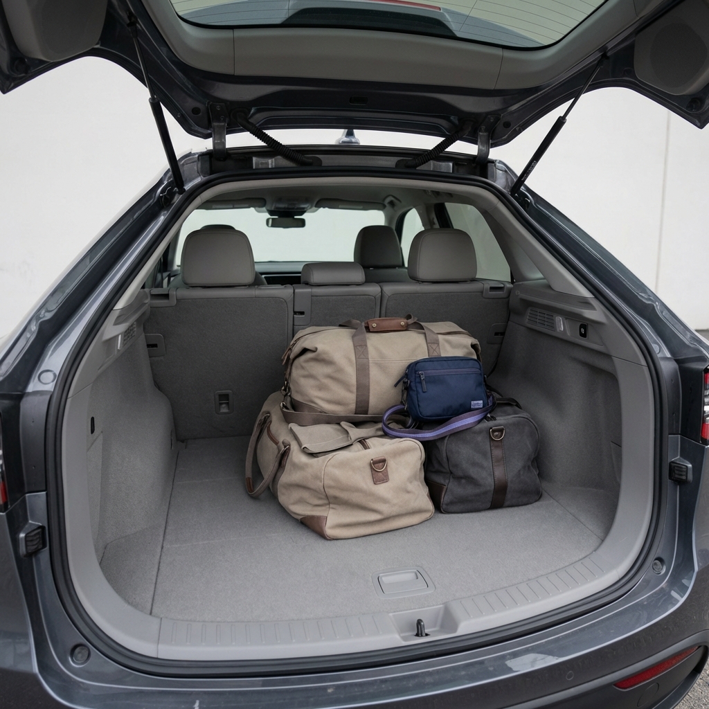 Close up of Tiguan open hatch showing spacious cargo area with folded seats and neatly packed luggage and blue travel bag accent 3666ed on white background