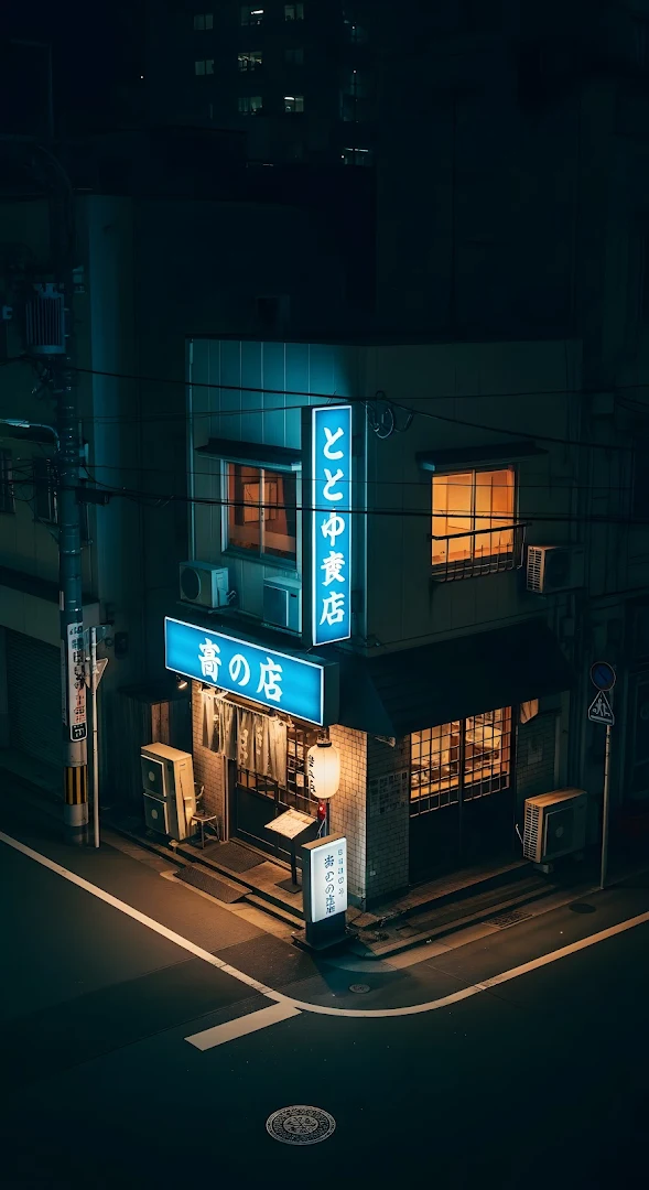 Tokyo Street Corner Diner with Blue Neon Sign at Night
