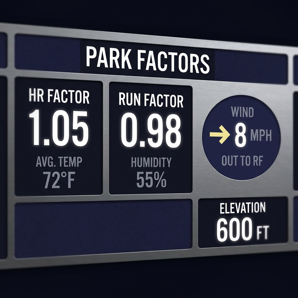 Close up scoreboard showing park factor metrics and wind indicators in a clean Funded Plays style How Home-Field Advantage Varies by Stadium on a dark navy background with white headlines muted gray data and pale yellow accents