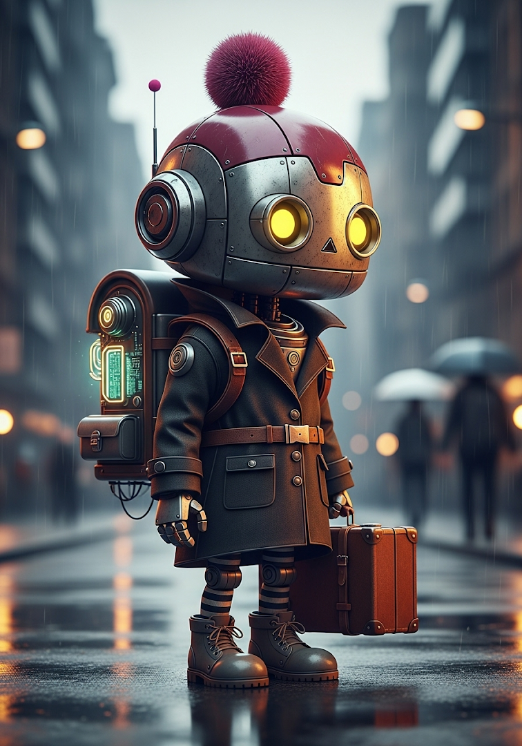 Retro Robot Traveling Urban Street with Suitcase