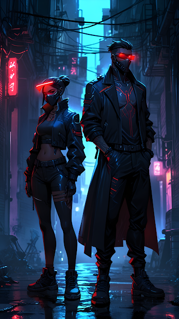 Cyberpunk Duo in Neon-Lit Rainy Alley at Night - Free mobile Wallpaper