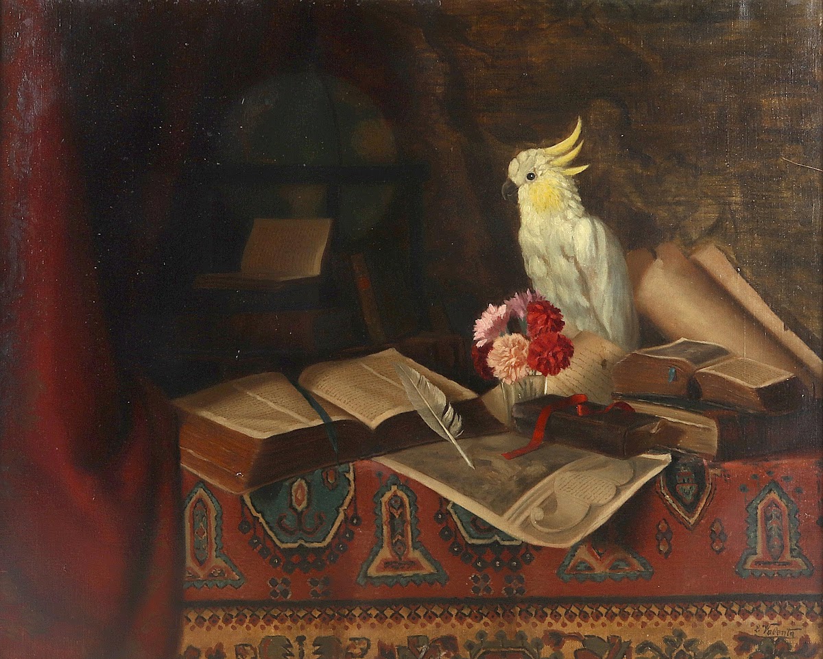 Stillleben mit Büchern und Kakadu