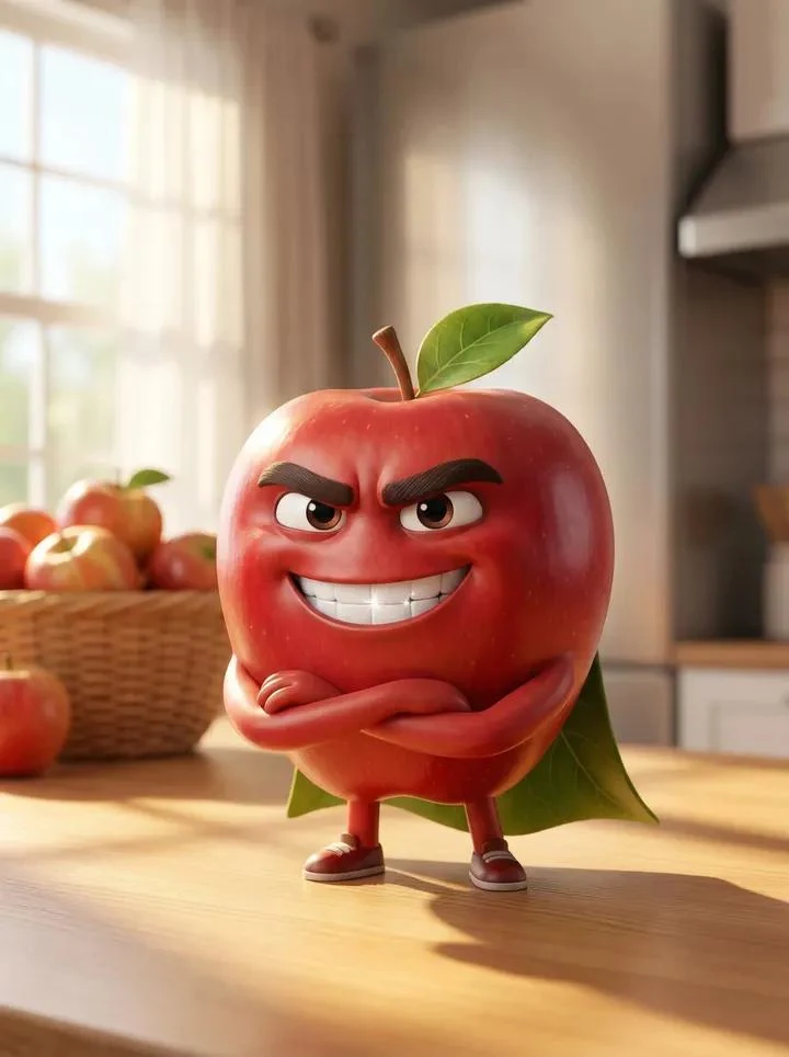 Un personaje animado en 3D al estilo Pixar que representa una sola manzana roja.