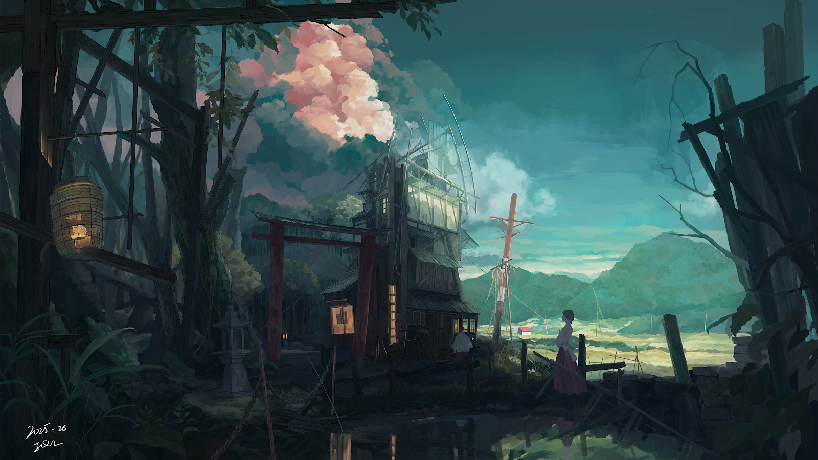 Shrine Maiden In Lush Countryside - Digital Illustration 5K Wallpaper (5920x3330)