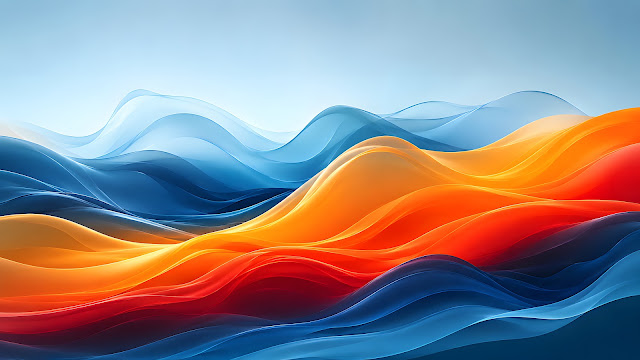 Layered orange, red and blue waves flowing beneath a pale blue sky.