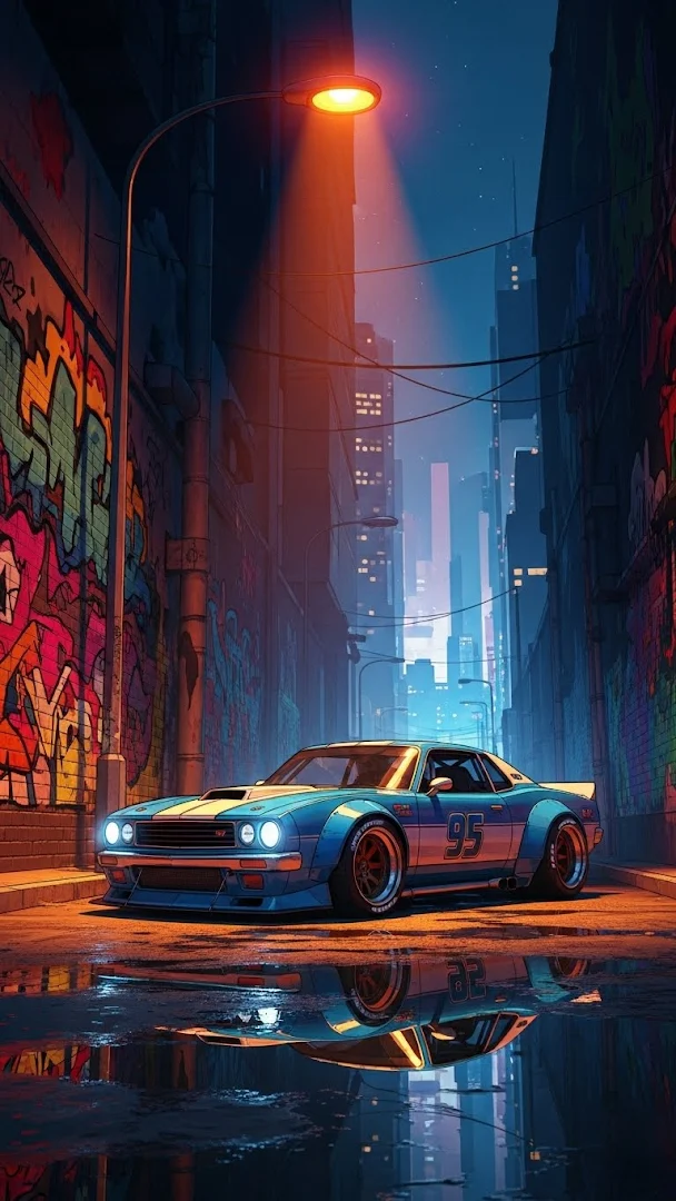 Retro Styled Race Car in a Grungy City Alley with Neon Lighting and Graffiti