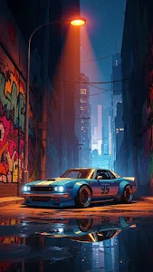 Retro Styled Race Car in a Grungy City Alley with Neon Lighting and Graffiti
