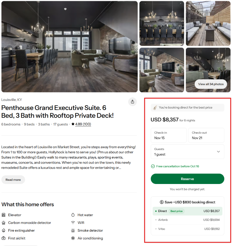 Vacation rental property page showing a USD 8,357 all-in total for a 6-night stay in the booking box