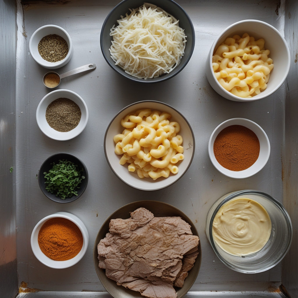 Ingredients for High-Protein Creamy Philly Cheesesteak Mac & Cheese – Easy Homemade Comfort Food