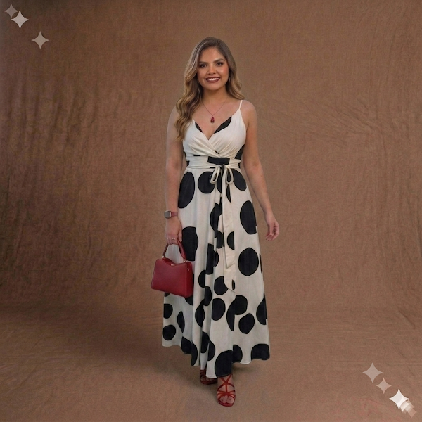 Vestido Largo en Seda Estampado Polka Dots