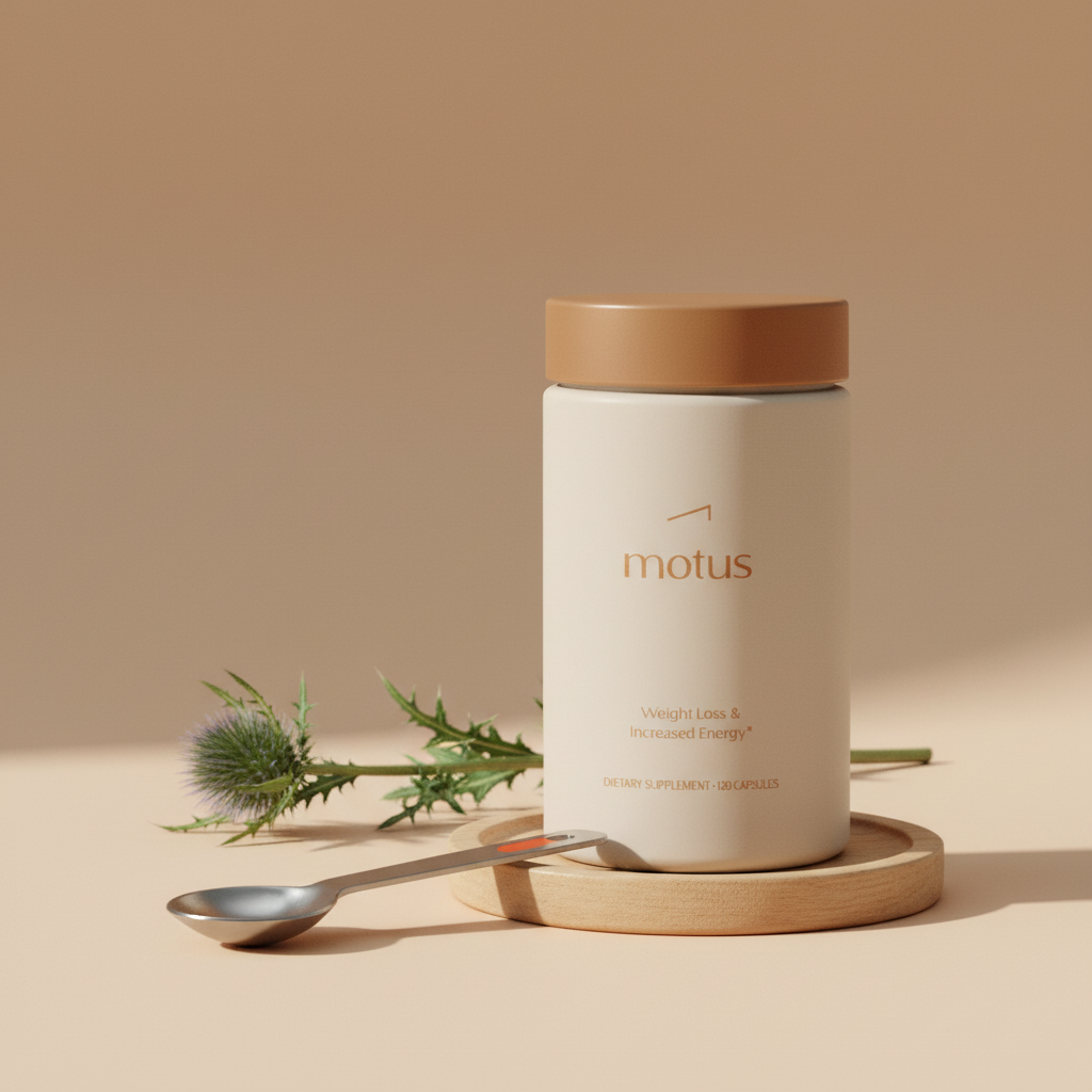 Close-up full-frame shot of Motus supplement bottle on wooden coaster with measuring spoon and milk thistle sprig on Tonum beige background for thermogenics.