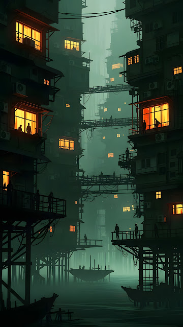 Moody Digital Painting of a Gritty Dystopian City Built on Stilts Above Murky Water - Free mobile Wallpaper