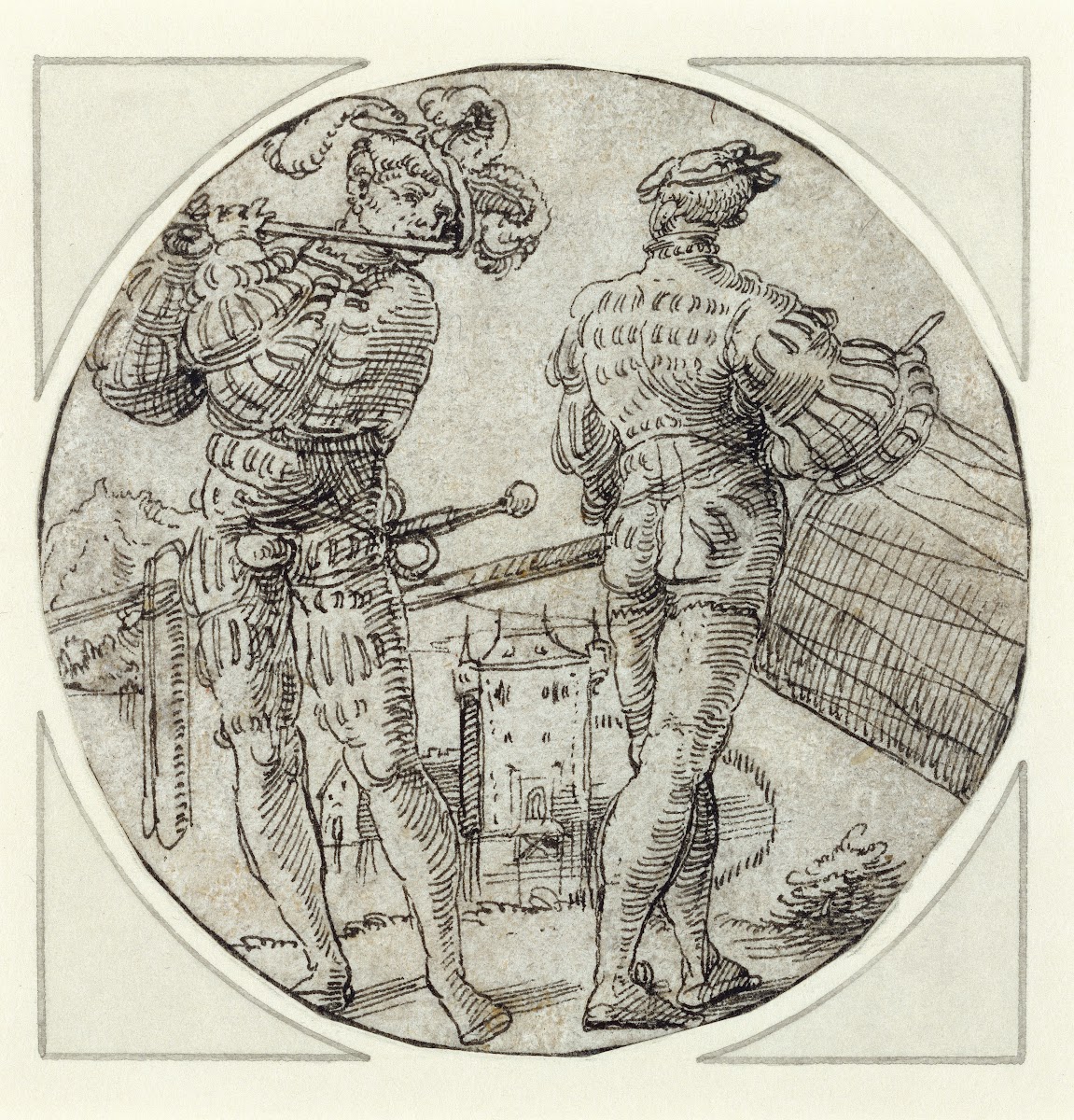 A Flutist and Drummer Before a Moated Castle 1515