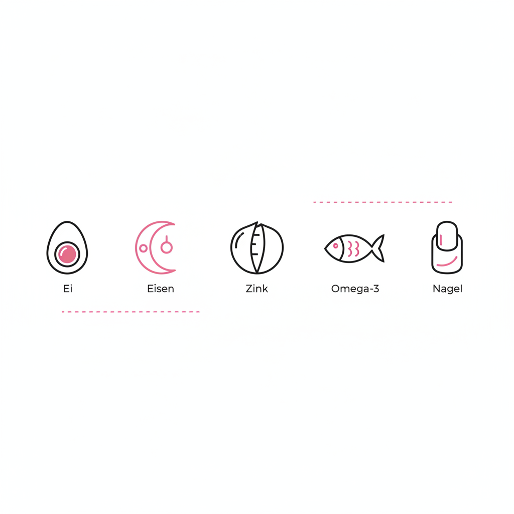 Minimalistische Vektor-Infografik zu "Was essen für starke Nägel?" mit Icons für Ei, Eisen, Zink, Omega-3 und Nagel auf weißem Hintergrund, Akzent #f57fb6.
