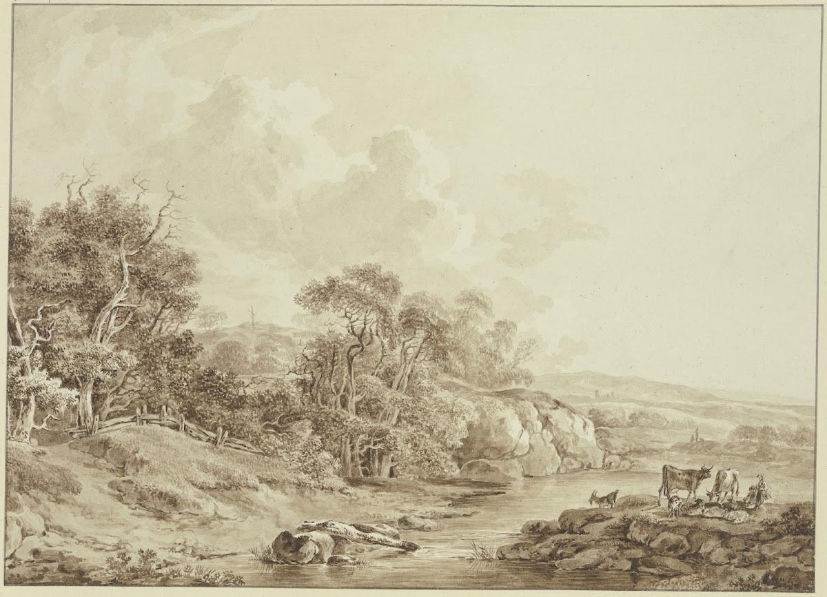 Mittelgebirgslandschaft mit Bach rechts Viehherde