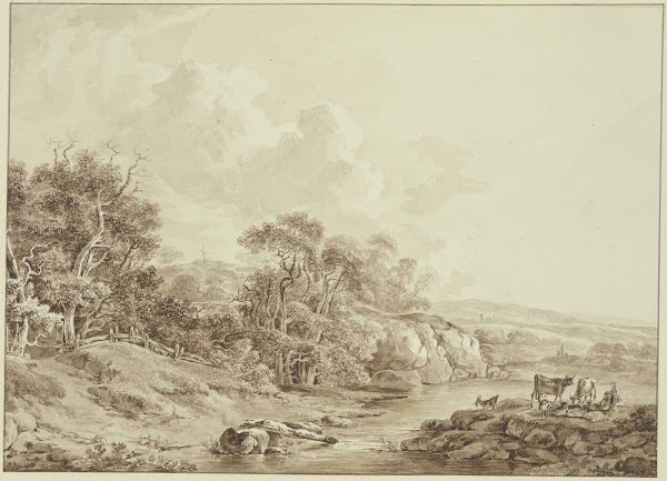 Mittelgebirgslandschaft mit Bach rechts Viehherde