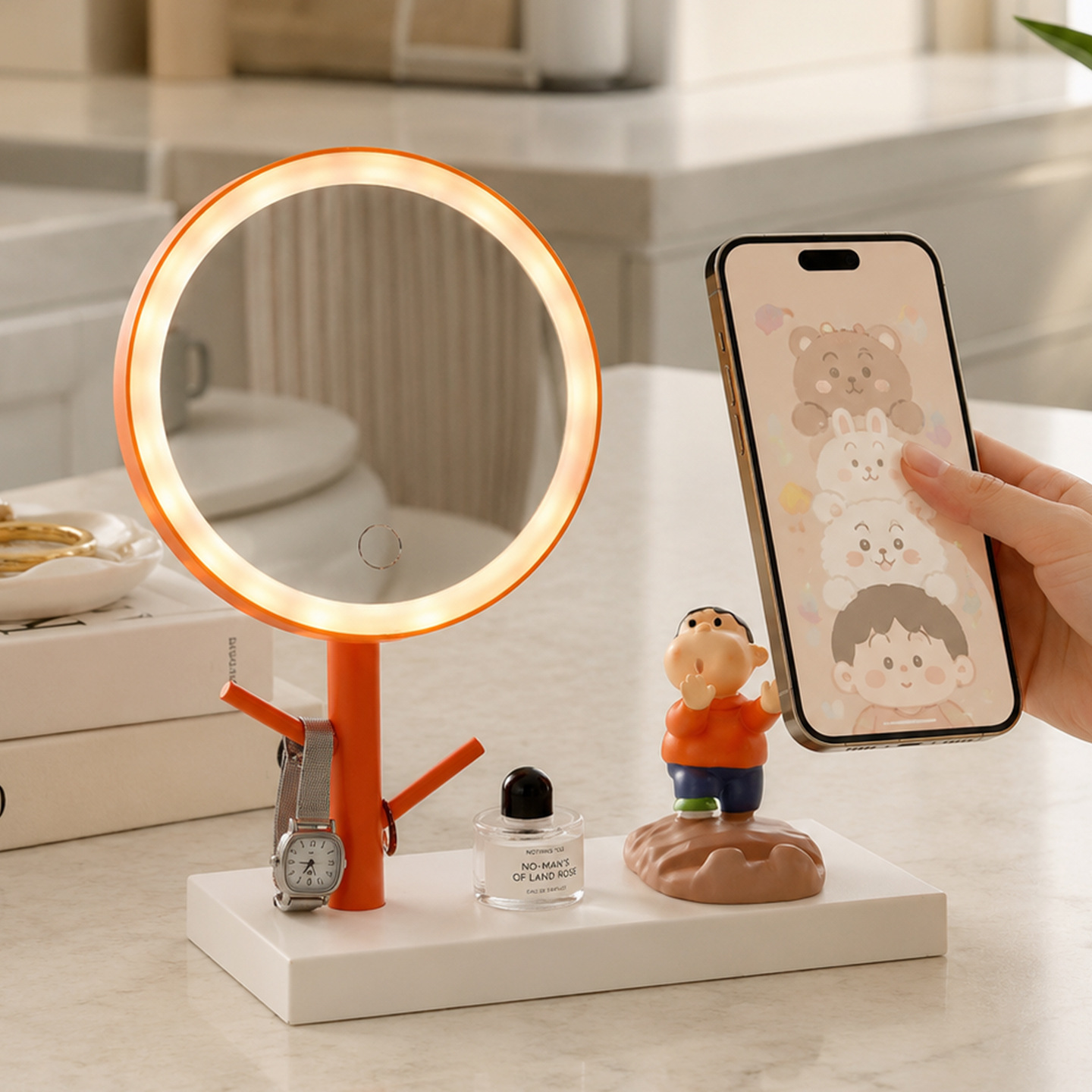 LED Makeup Mirror with Phone Holder and Jewelry Stand