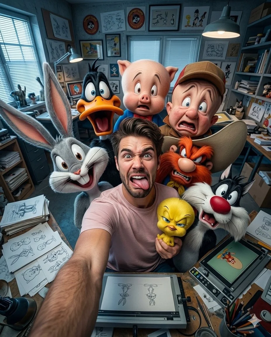 Selfie ultrarrealista en formato vertical 4:5 con gran angular de 13 mm de mí con Bugs Bunny, el Pato Lucas, Porky Pig,...