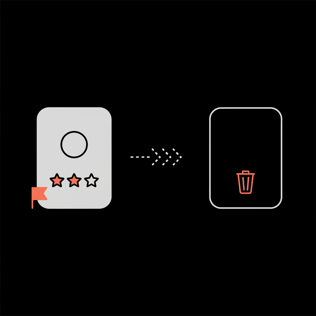 Minimal 2D vector infographic of a review card flagged then removed, illustrating how to get a Google review taken down.