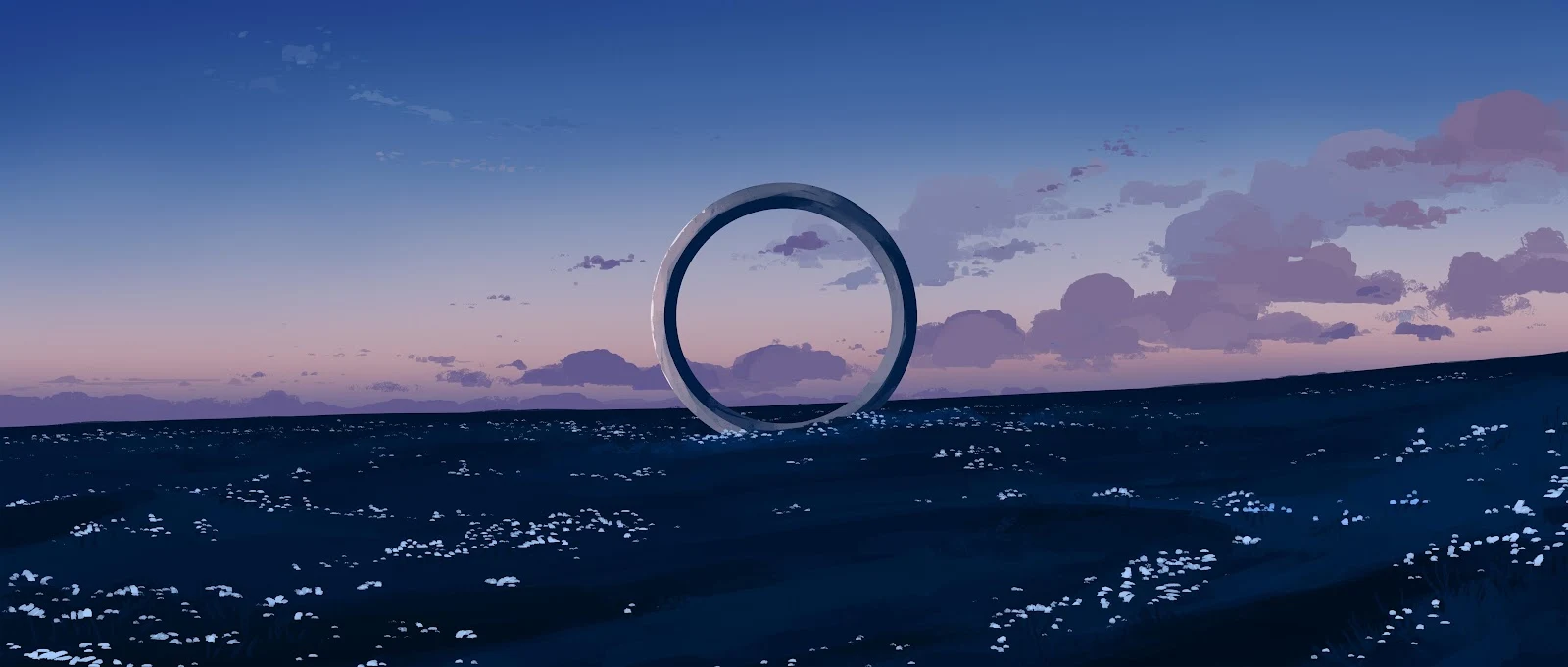 Giant Ring In Dark Meadow - Digital Illustration 4K Wallpaper (5640x2400)