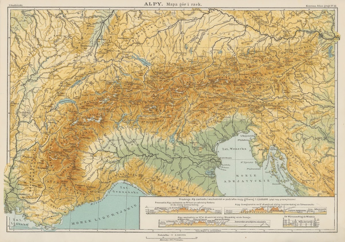 Alpy Mapa gór i rzek 1927