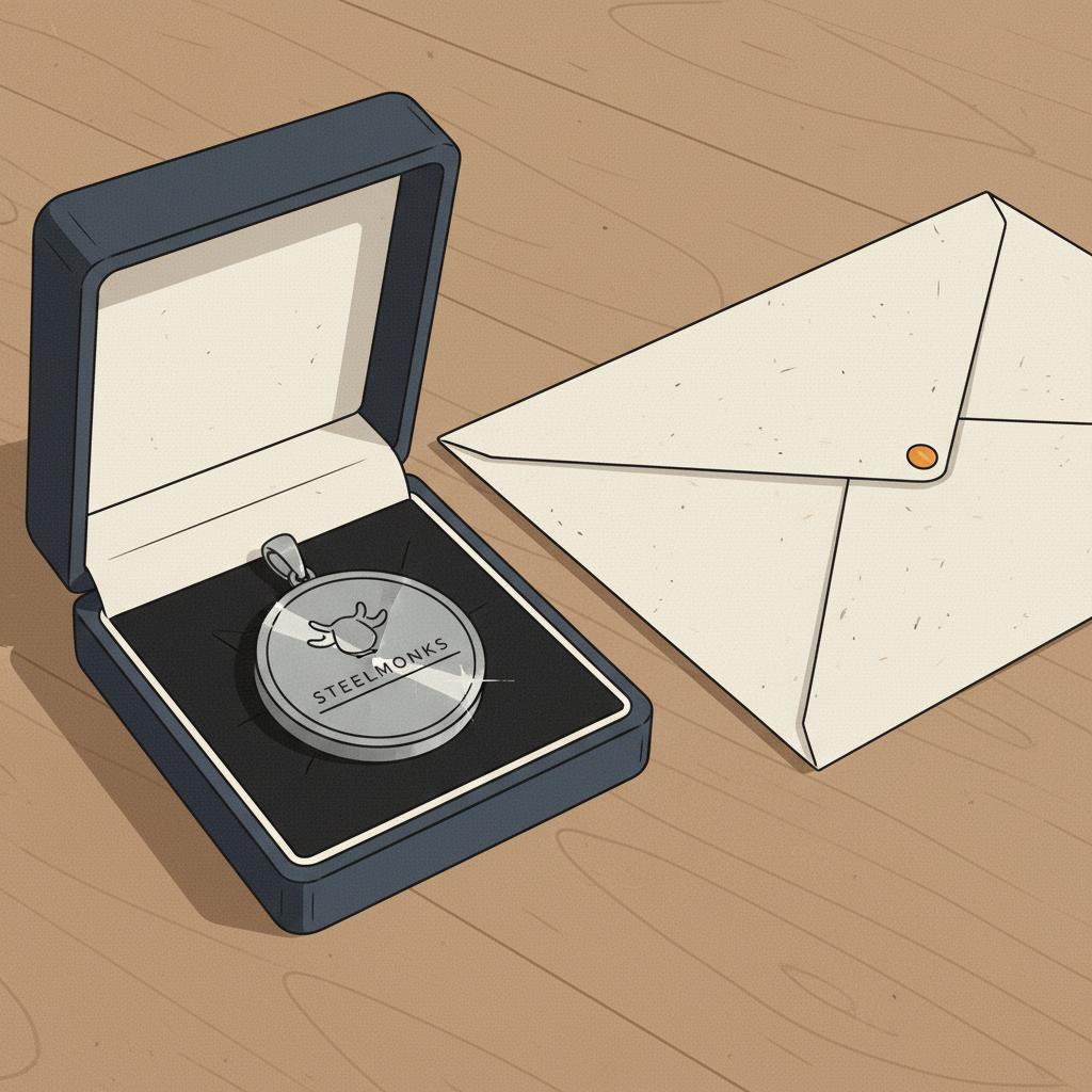 Minimalistische Vektor-Nahaufnahme: geöffnete Schachtel mit graviertem Metallanhänger neben handgeschriebenem Brief auf strukturiertem Papier – papierhochzeit geschenk.