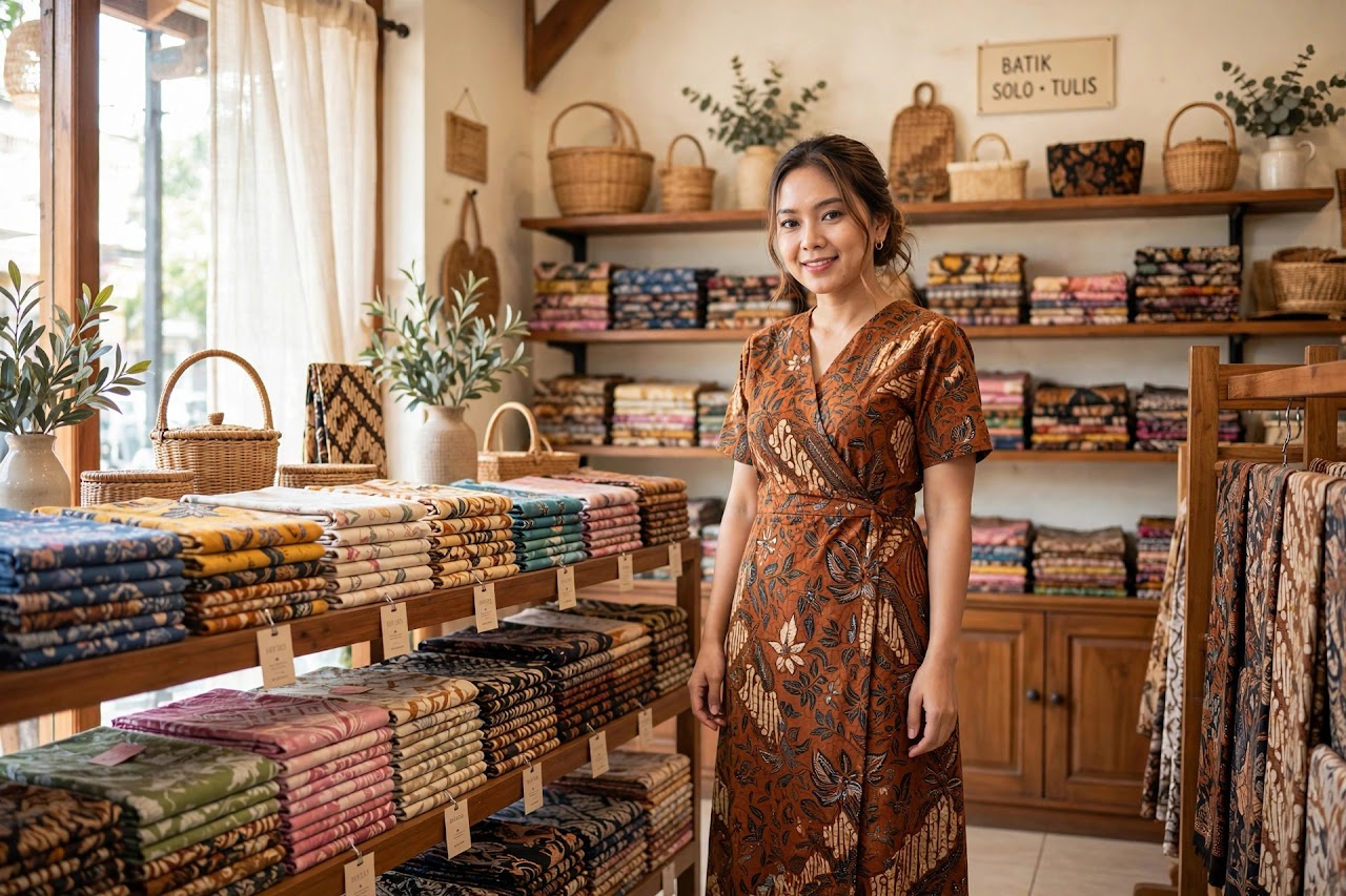 Model memakai dress batik terracotta di butik JajanBatik