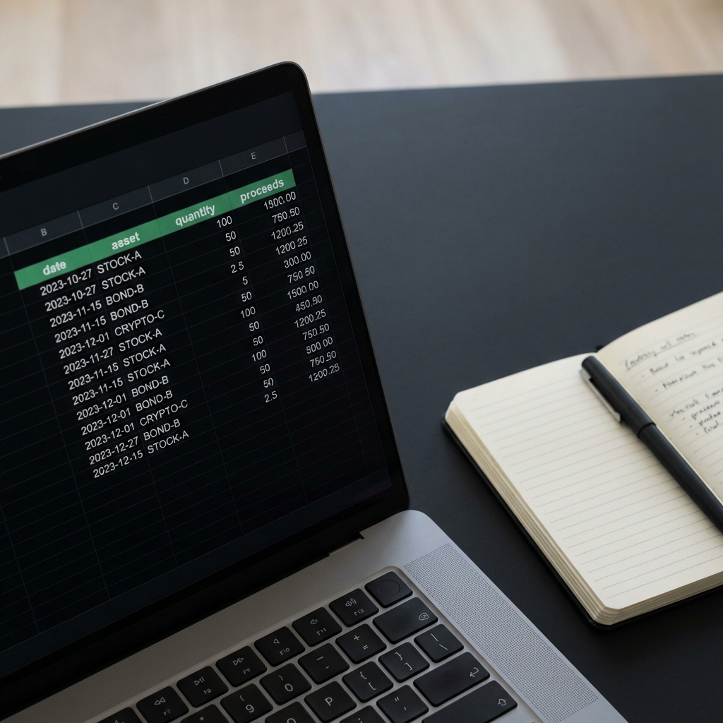Close up of a CSV export in a spreadsheet showing date asset quantity proceeds next to a notebook on a dark minimalist desk in Finance Police style best place to buy cryptocurrency