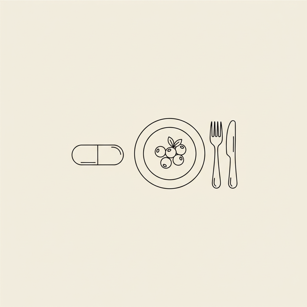 Minimalist Tonum-style line illustration of a capsule, plate with berries and utensils on beige background, representing weight loss pills and healthy eating.
