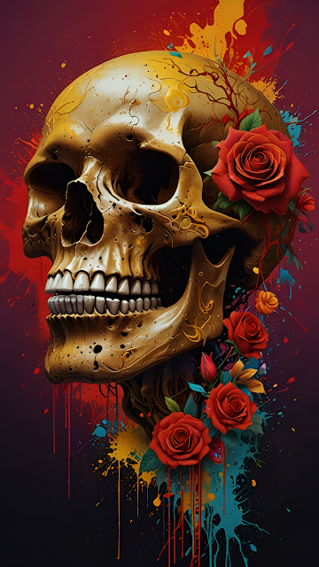 Golden Skull Profile with Red Roses and Paint Splatter - Free mobile Wallpaper