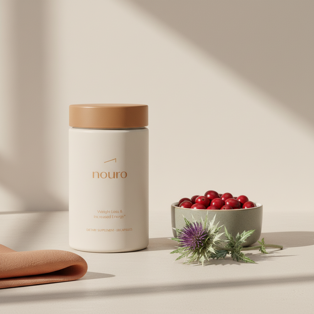 Tonum Nouro jar on a beige #F2E5D5 kitchen counter beside a bowl of coffee cherries and a milk thistle sprig in a minimalist product shot for Neuriva vs Prevagen comparison.