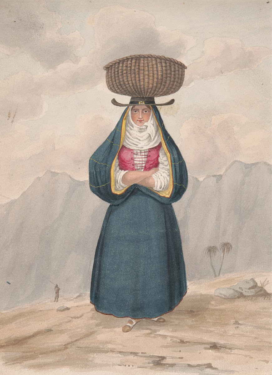 Peasant woman with basket on her head  La Palma 1828