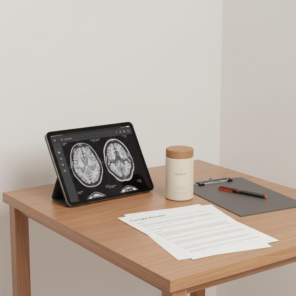 Clinical consultation corner with wooden table, tablet showing MRI brain image, printed lactate result sheet and Tonum Motus container highlighting mitochondrial disease symptoms