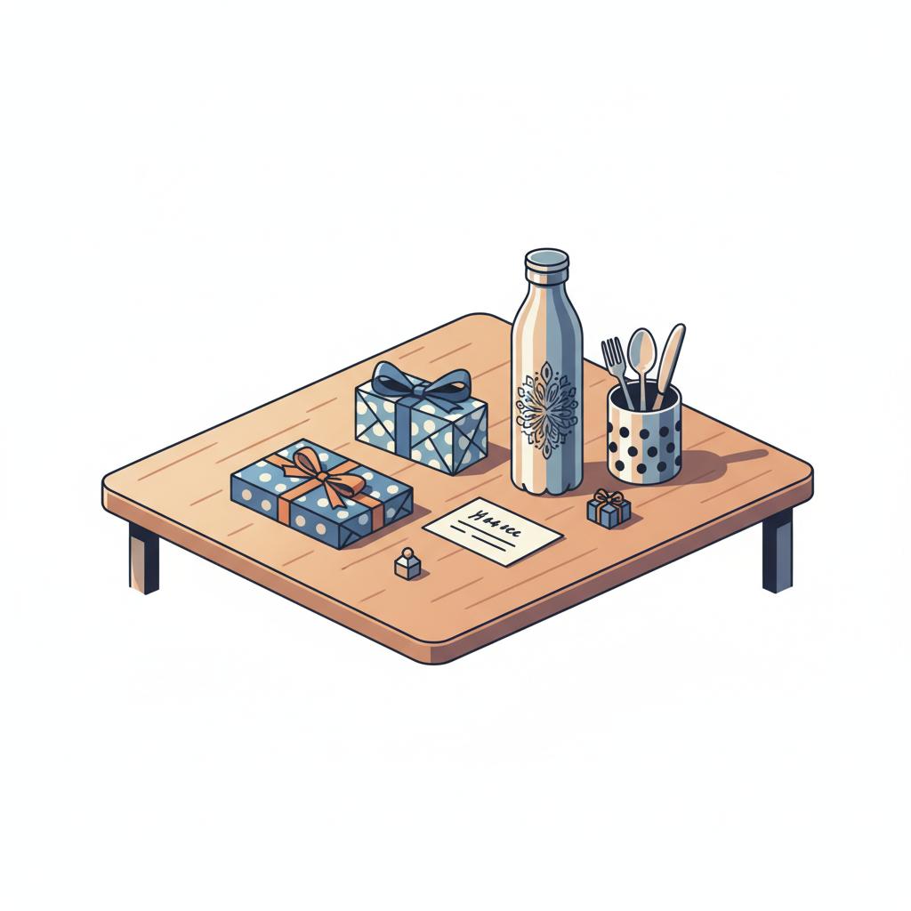 Detailaufnahme eines gedeckten Tisches mit Geschenkpapier, gravierter Metall-Trinkflasche und leerer Karte in warmer, minimalistischer Industrie-Ästhetik — geschenkideen für lehrerin