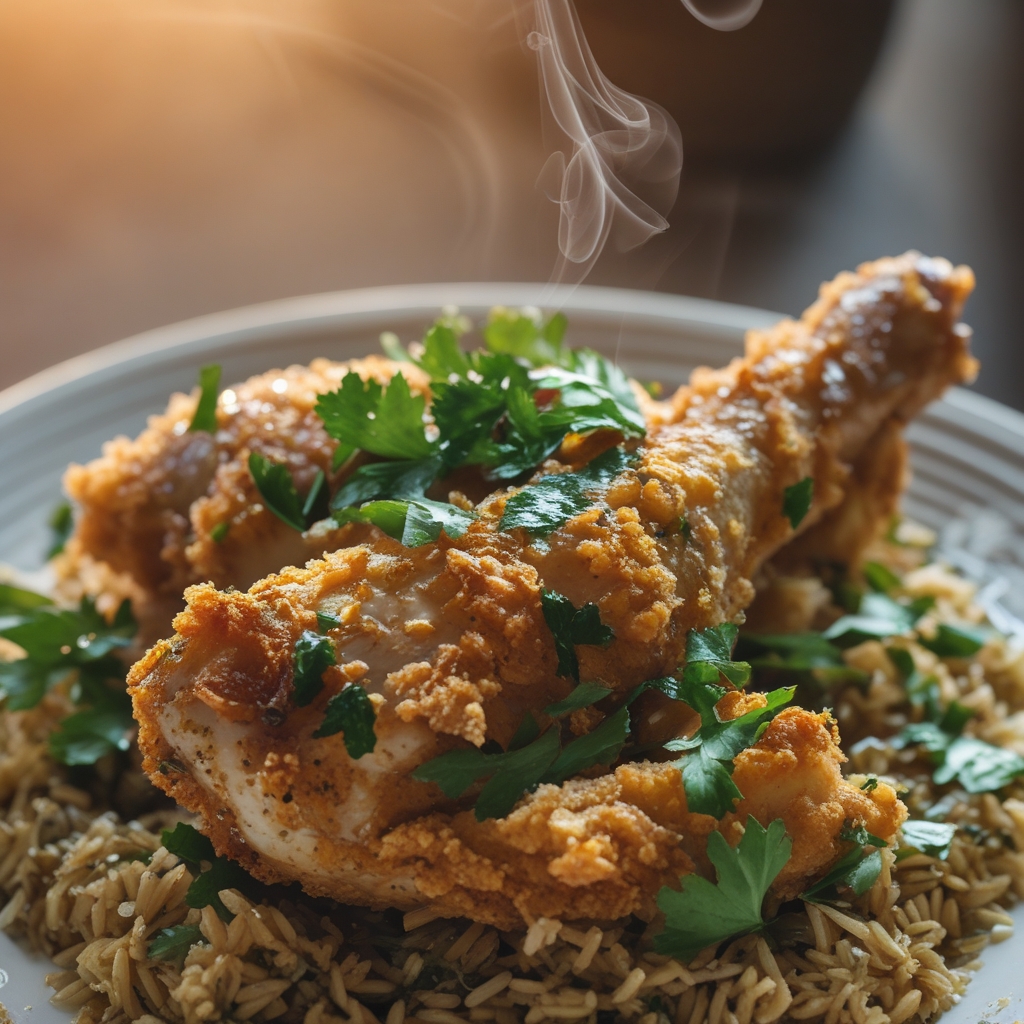 Final Crispy Saffron Yogurt Chicken & Freekeh Pilaf with Golden Raisin Chutney