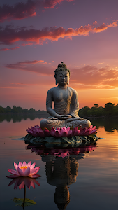Serene Buddha Statue Lotus Flower Sunset Water Reflection