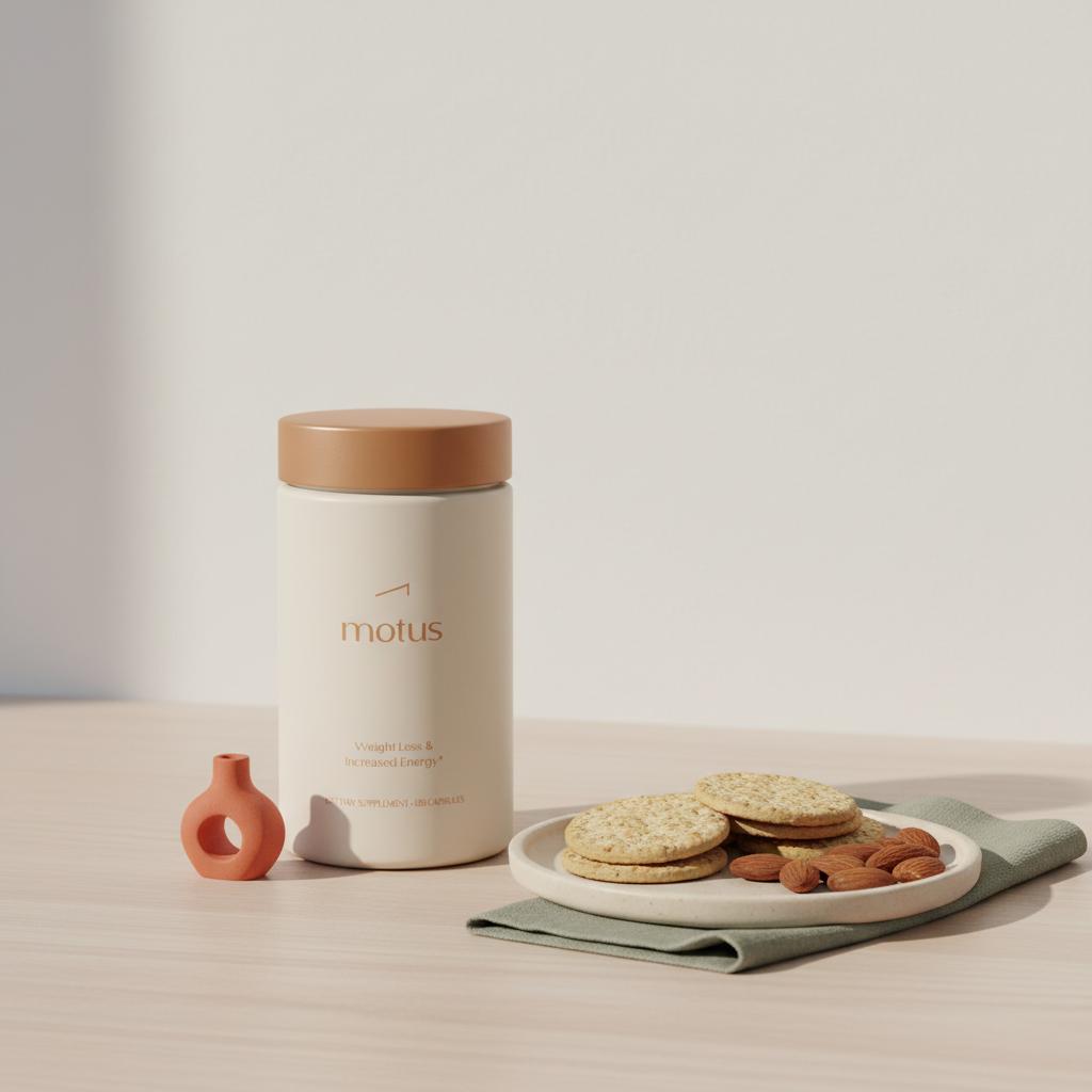 Motus supplement container beside whole-grain crackers and almonds on a neutral wooden surface, minimalist Tonum still life addressing why do I crave sugar