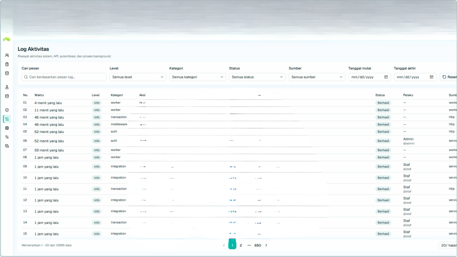 Tampilan fitur Logging & Audit Trail pada NUHA E-LIS